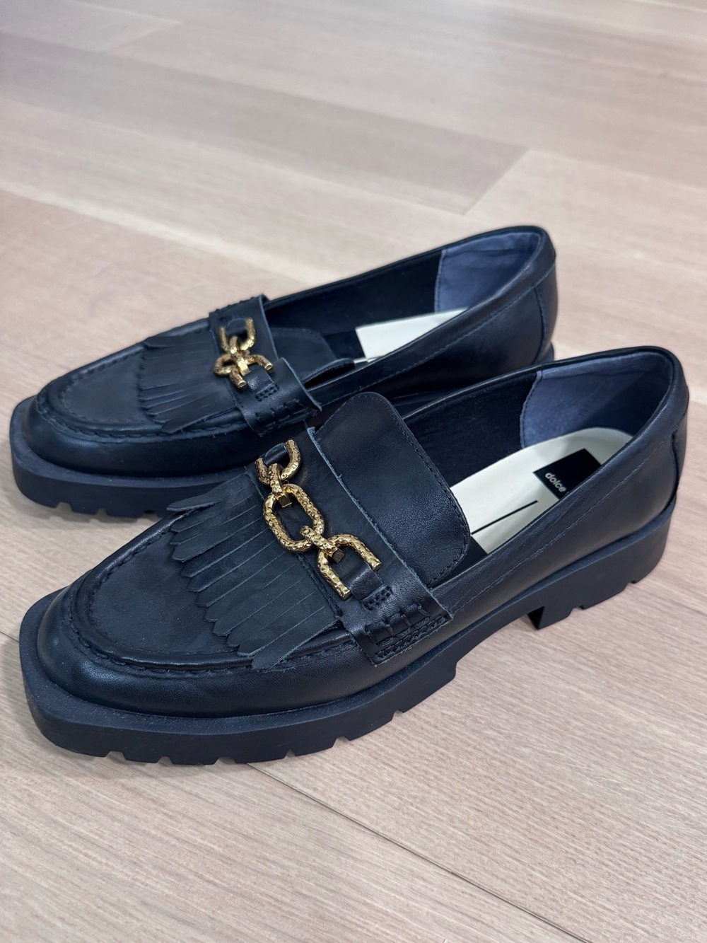 Dolce Vita Black Leather Fringe Chunky Loafers with Gold Chain